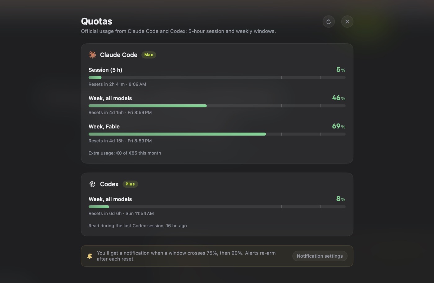 AITerm quota panel showing live 5 hour and weekly usage windows for Codex and Claude Code next to running agent sessions