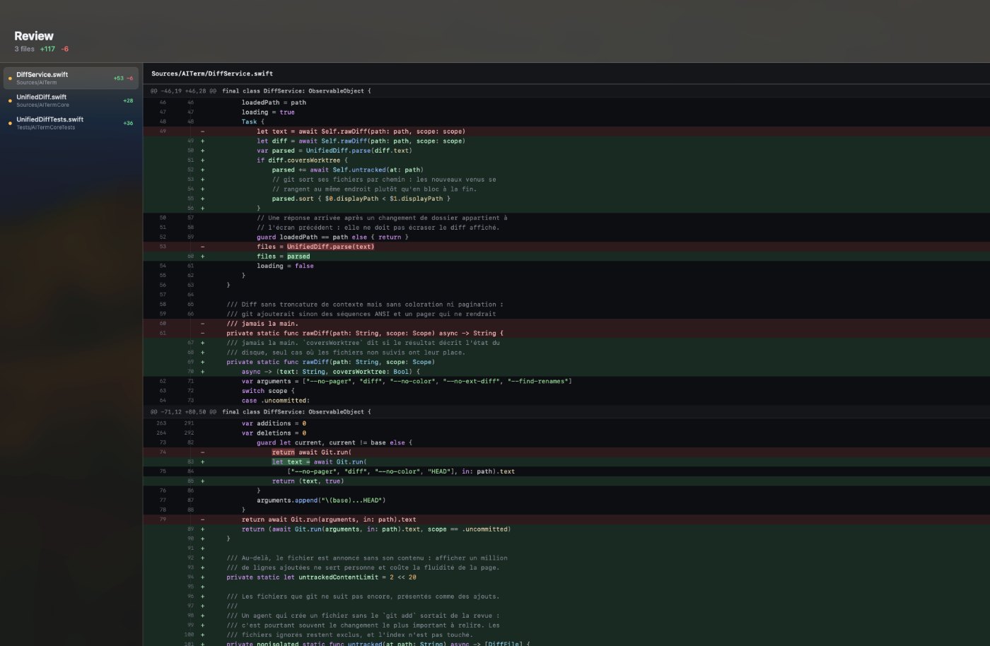 AITerm panel showing parallel agent sessions with their live state, one waiting for input while another works through a review