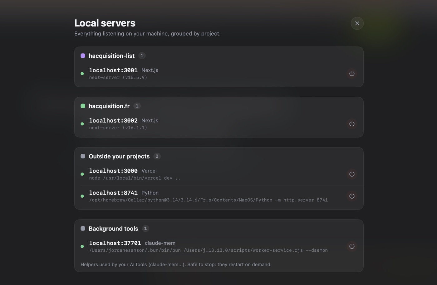 The Local servers panel in AITerm listing every process currently listening on the machine, grouped by project, including background helpers started by AI tools