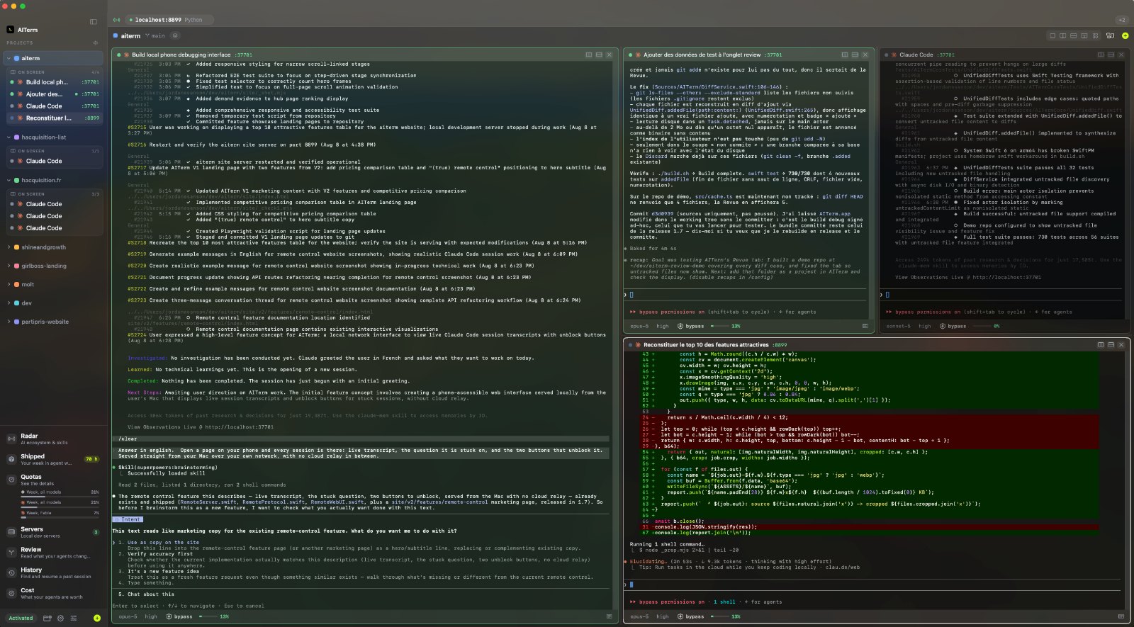 An AITerm window with several native macOS panes running OpenCode and Claude Code sessions on the same project, with per-session status colours in the sidebar and live quota gauges